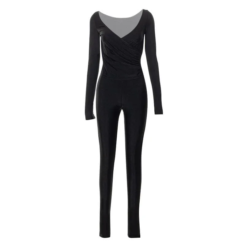 Long sleeve gloves solid v neck ruched jumpsuit