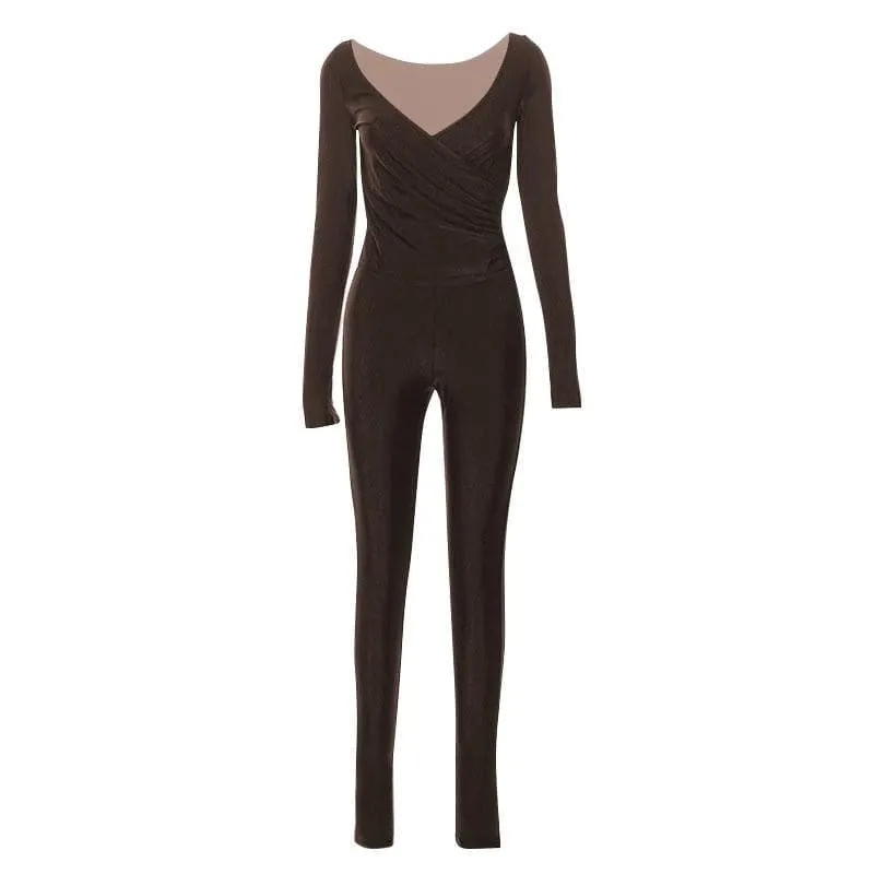 Long sleeve gloves solid v neck ruched jumpsuit