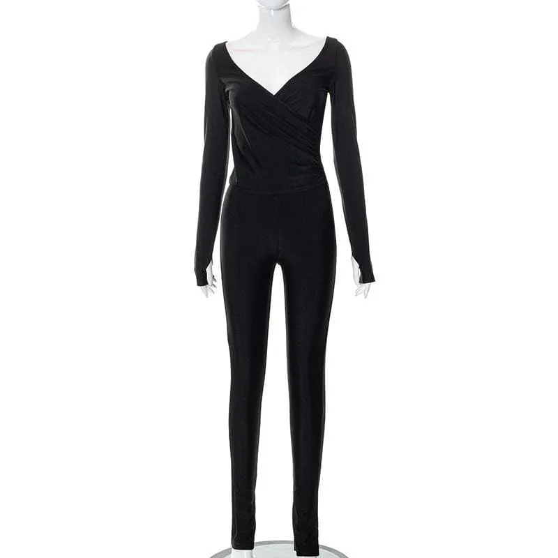 Long sleeve gloves solid v neck ruched jumpsuit