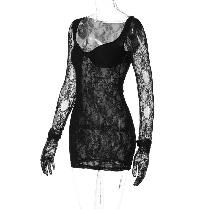 Long sleeve lace gloves see through sweetheart neck mini dress