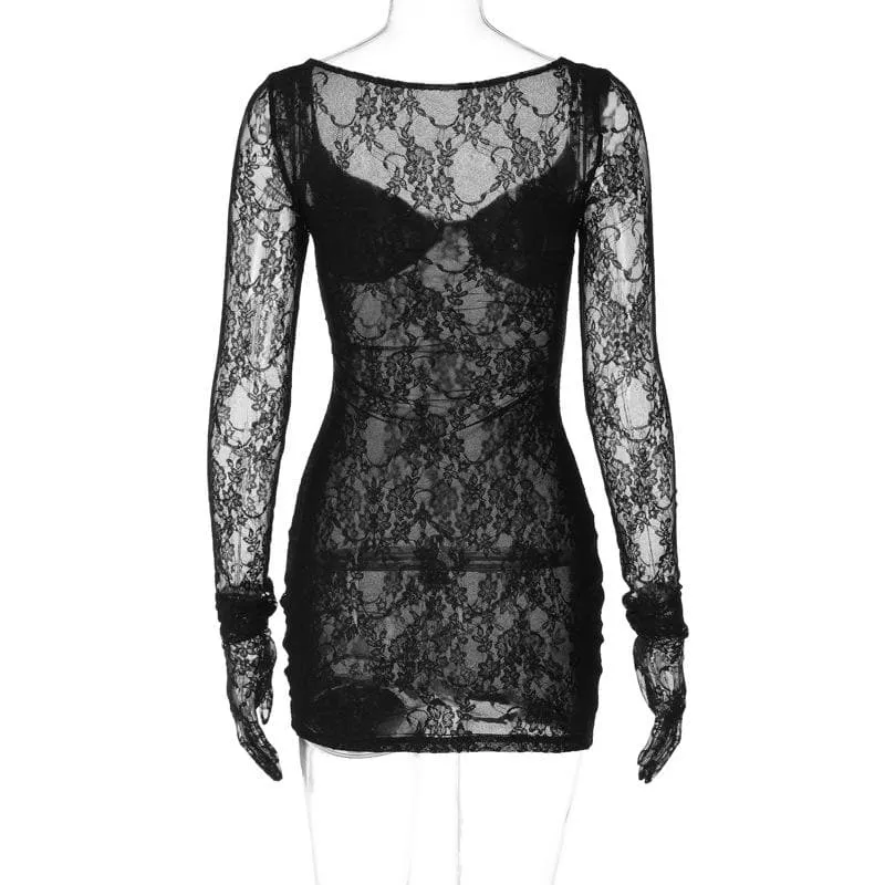 Long sleeve lace gloves see through sweetheart neck mini dress