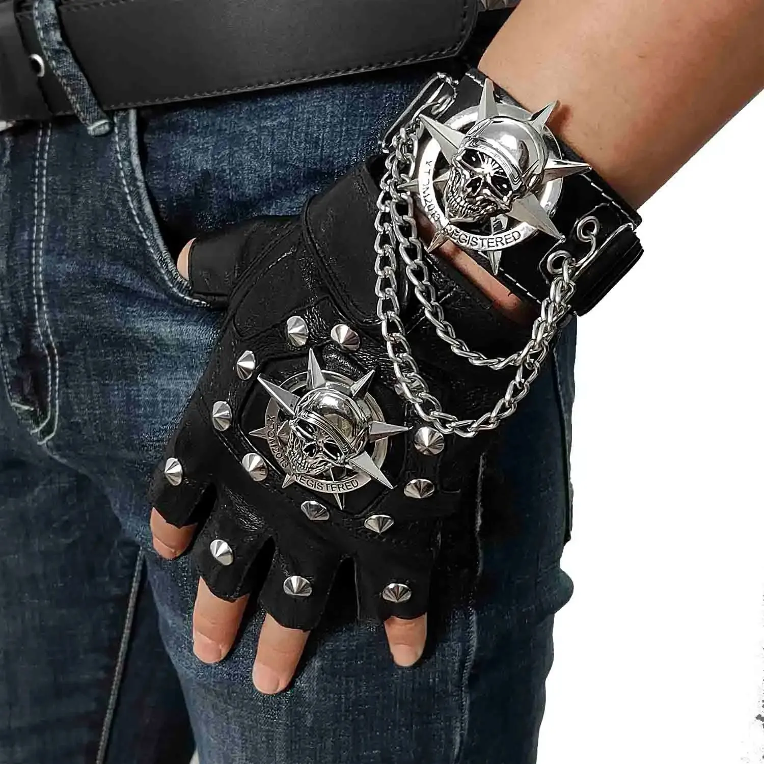 Men's Skull Steampunk Biker Leather Gloves