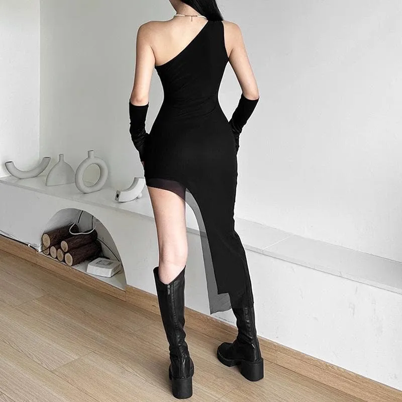 Mesh one shoulder solid irregular gloves sleeveless midi dress