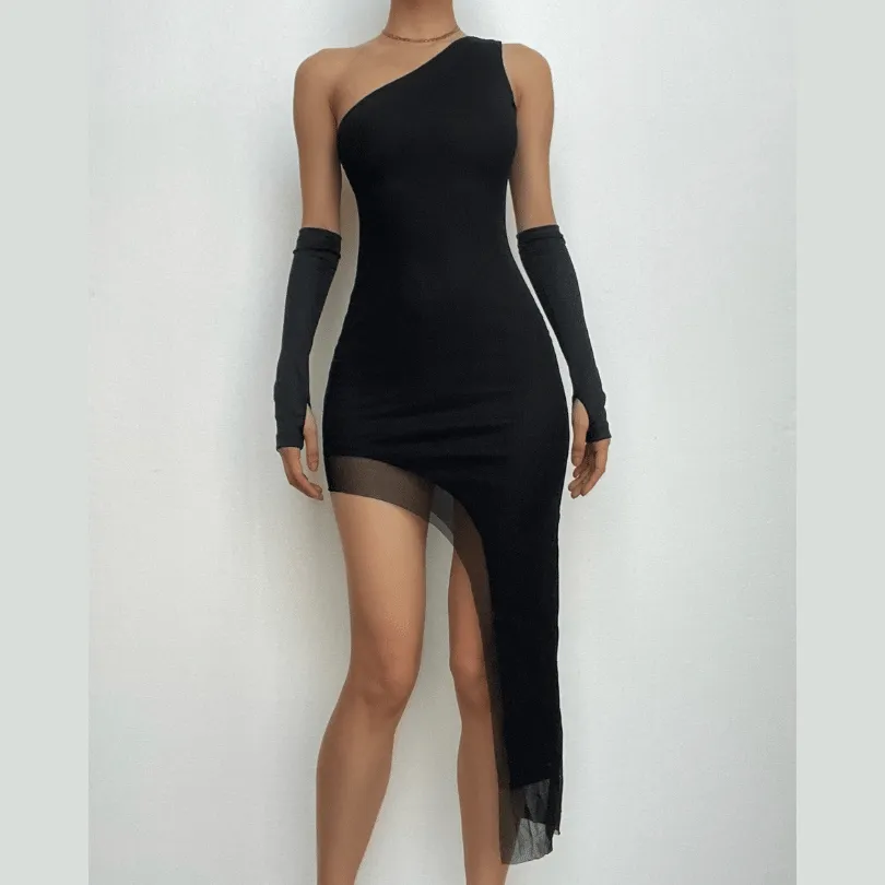 Mesh one shoulder solid irregular gloves sleeveless midi dress