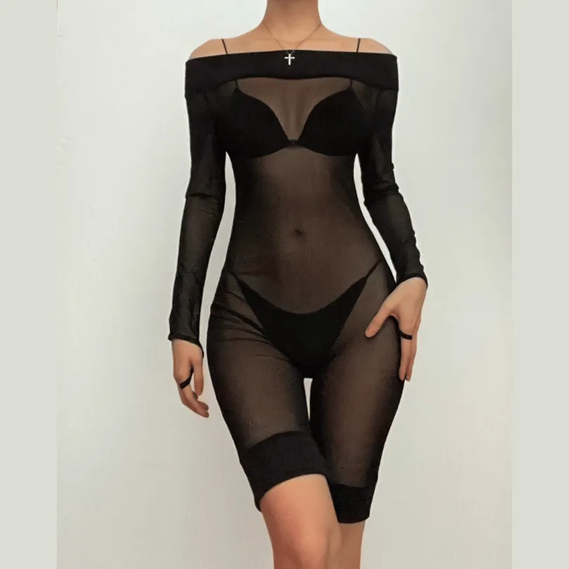 Mesh see through gloves solid off shoulder long sleeve romper