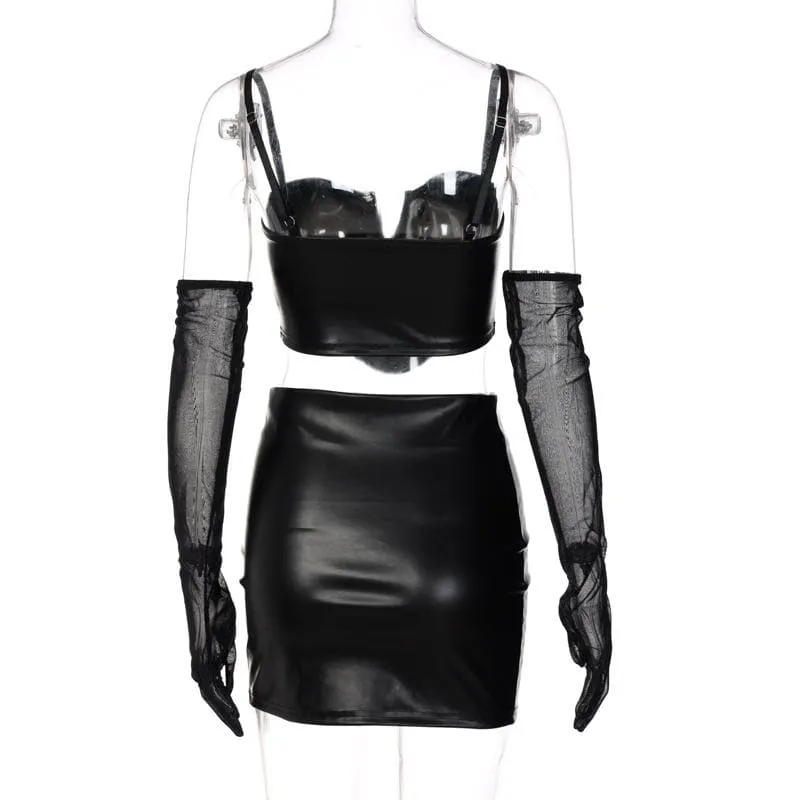 Mesh solid notch neck gloves PU leather slit cami backless mini skirt set