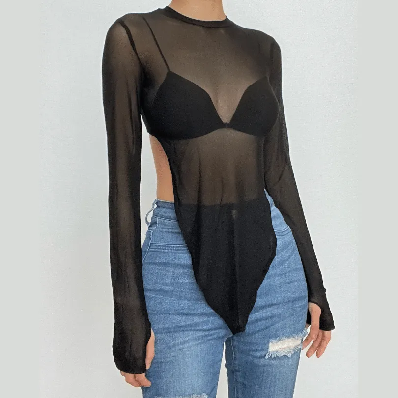 Sheer mesh gloves solid long sleeve see through top