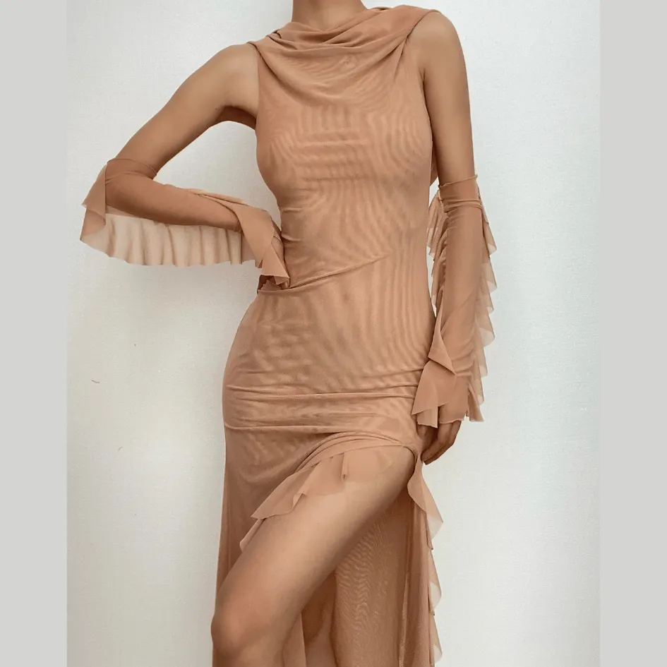 Sleeveless solid mesh slit gloves hoodie midi dress