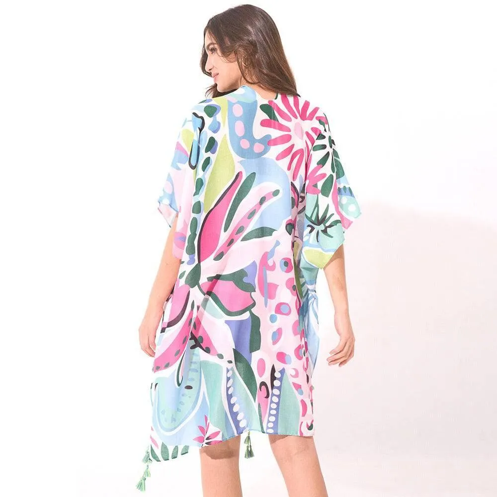 Tropical Blue Kimono Cover-Up with Tassels