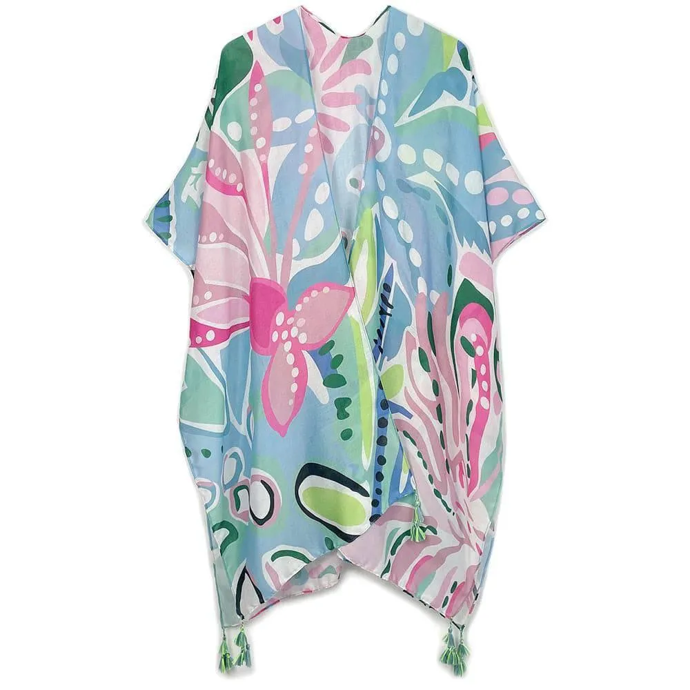 Tropical Blue Kimono Cover-Up with Tassels