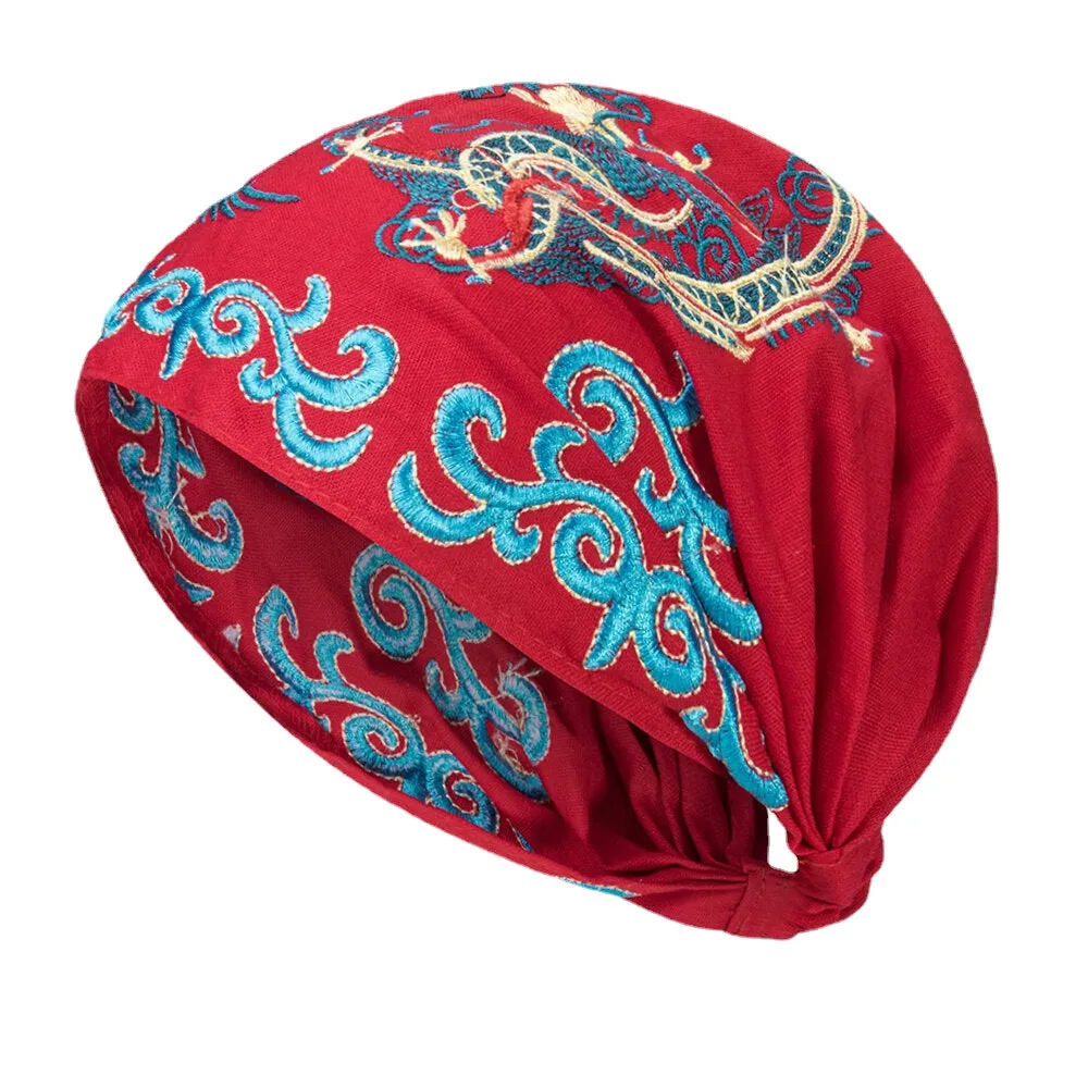 Women Ethnic Embroidery Beanie Caps Vintage Good Elastic Breathable Turban Caps