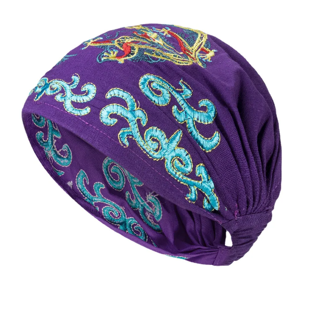 Women Ethnic Embroidery Beanie Caps Vintage Good Elastic Breathable Turban Caps