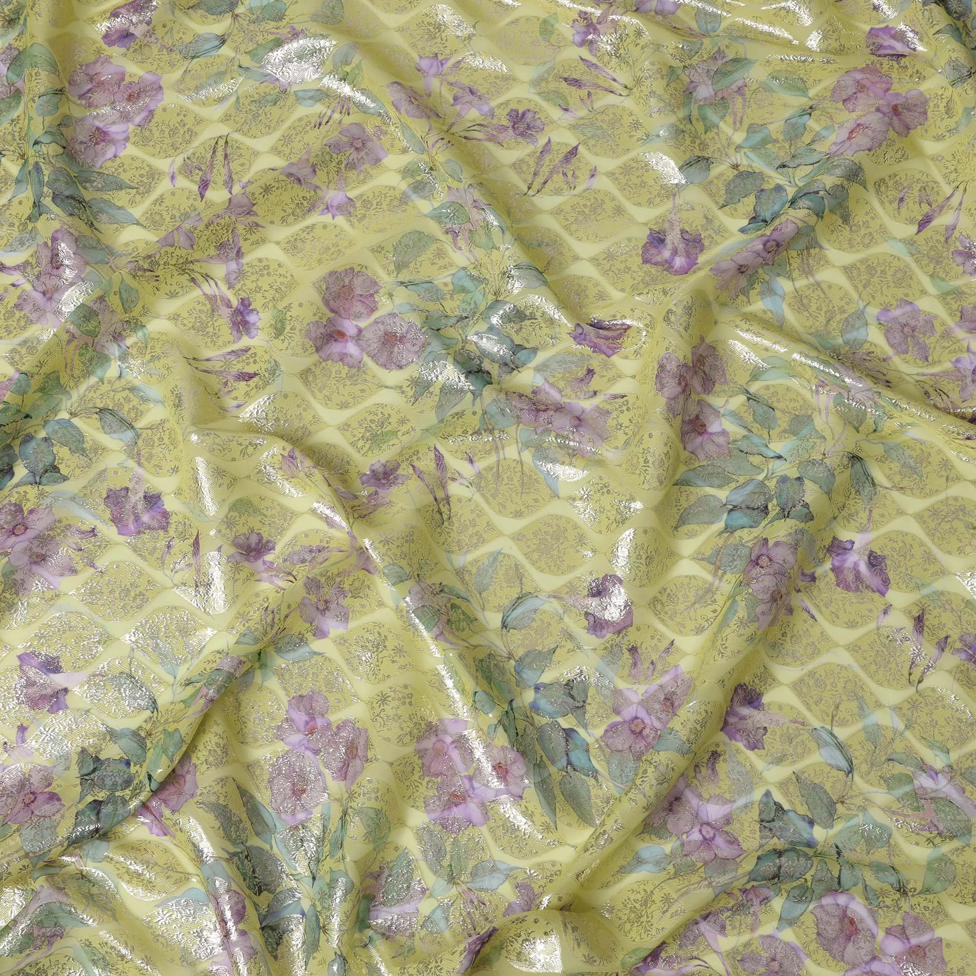 Yellow Floral Silk Chiffon Fabric with Metallic Lurex, Width 140 cm, South Korea-D21263